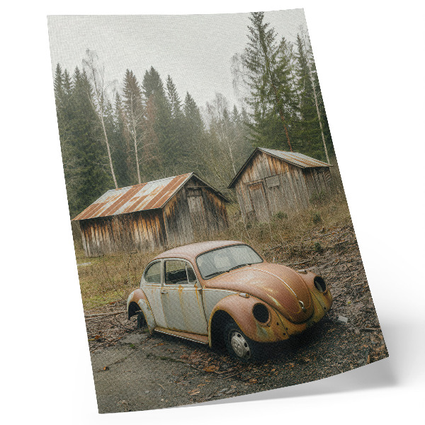 Décoration murale Voiture rouillée, abri en bois, forêt verte
