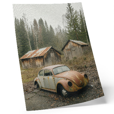 Décoration murale Voiture rouillée, abri en bois, forêt verte
