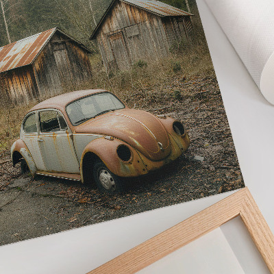 Décoration murale Voiture rouillée, abri en bois, forêt verte