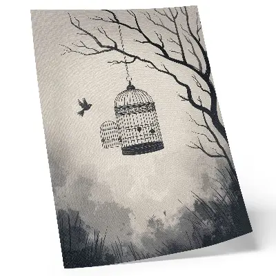 Affiche décorative représentant un arbre à oiseaux en noir et blanc dans un style épuré