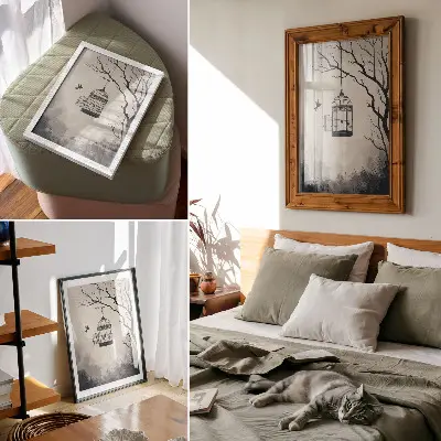 Affiche décorative représentant un arbre à oiseaux en noir et blanc dans un style épuré