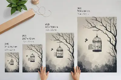 Affiche décorative représentant un arbre à oiseaux en noir et blanc dans un style épuré