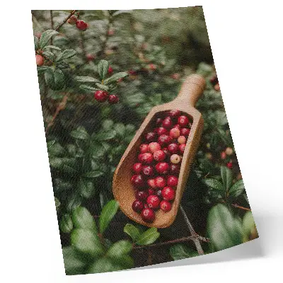 Impression sur toile représentant des couleurs éclatantes de feuilles et de fruits dans une pelle en bois
