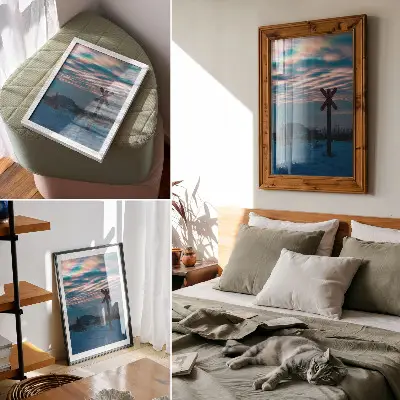 Affiche décorative paysage hivernal atmosphérique avec des nuages colorés et un panneau solitaire