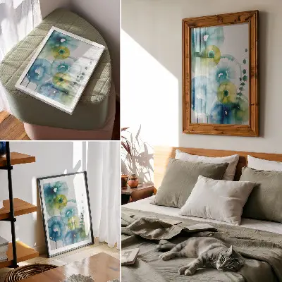 Impression sur toile tableau abstrait aux taches bleues et vertes style moderne