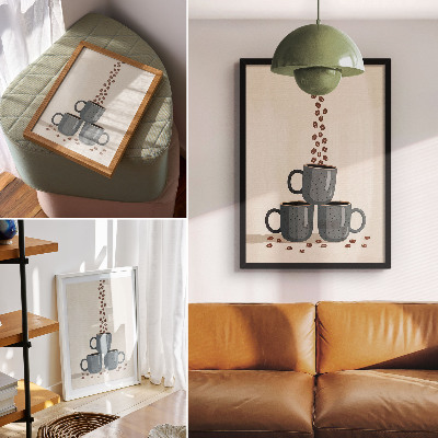 Impression sur toile Tasses grises et fond crème avec des grains de café