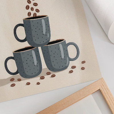 Impression sur toile Tasses grises et fond crème avec des grains de café