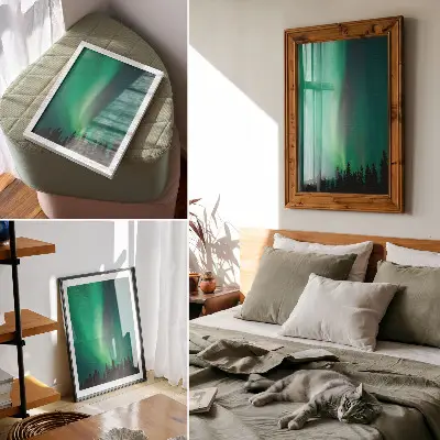 Impression sur toile aurore au milieu d'arbres verts dans une nature magique nocturne