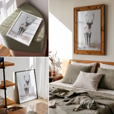 Décoration murale renne dans un paysage hivernal aux teintes chaudes style moderne