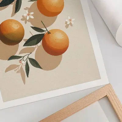 Affiche décorative oranges juteuses avec des feuilles vertes et des fleurs blanches
