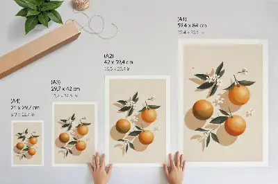 Affiche décorative oranges juteuses avec des feuilles vertes et des fleurs blanches