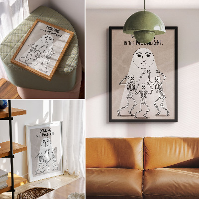 Impression sur toile Squelettes noirs et blancs sur fond de lune beige