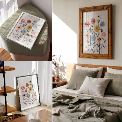 Décoration murale fleurs colorées sur fond blanc style rétro