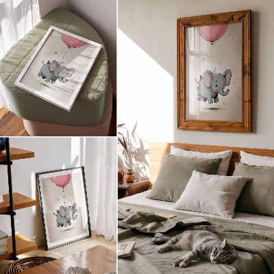 Impression sur toile Éléphant avec un ballon, joie des enfants, rose