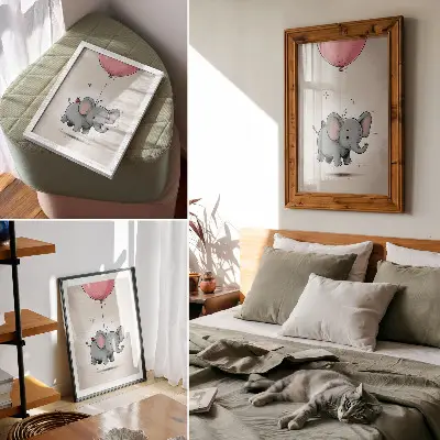 Impression sur toile éléphant avec un ballon, motif joie des enfants en rose