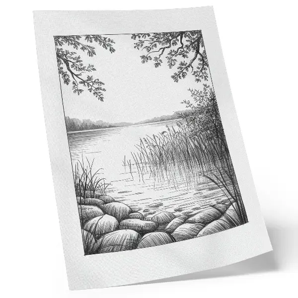 Décoration murale représentant un paysage de lac avec des feuilles et des pierres dans une atmosphère d'harmonie et de silence