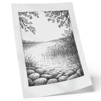 Décoration murale représentant un paysage de lac avec des feuilles et des pierres dans une atmosphère d'harmonie et de silence