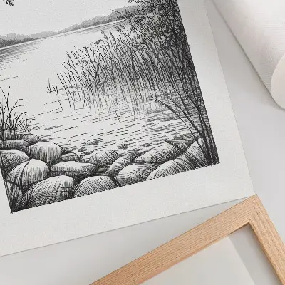 Décoration murale représentant un paysage de lac avec des feuilles et des pierres dans une atmosphère d'harmonie et de silence