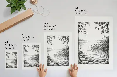 Décoration murale représentant un paysage de lac avec des feuilles et des pierres dans une atmosphère d'harmonie et de silence