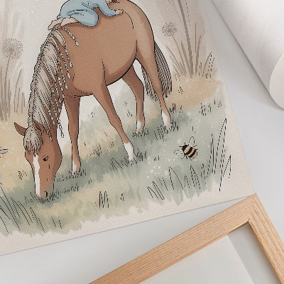 Impression sur toile pissenlits bébé cheval aux couleurs pastel chaudes