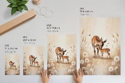 Affiche décorative chevreuil avec son faon entouré de fleurs aux couleurs vives