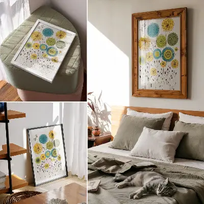 Affiche décorative avec cercles colorés et lignes fines au style moderne