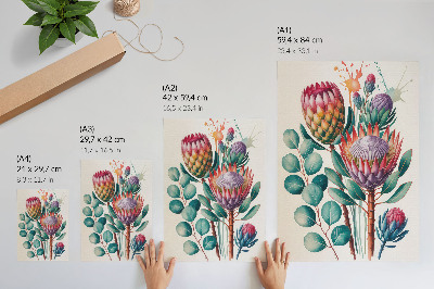 Décoration murale Fleurs de protéa exotiques à feuilles vertes