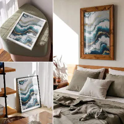 Décoration murale vagues turquoise rehaussées de touches dorées au style moderne
