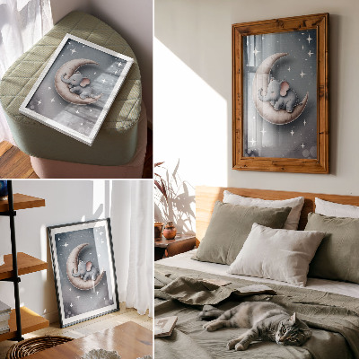 Affiche décorative Éléphant endormi sur la lune aux couleurs pastel