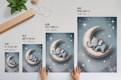 Affiche décorative Éléphant endormi sur la lune aux couleurs pastel