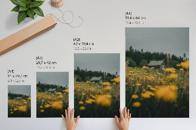Affiche décorative Forêt rustique, fleurs jaunes floues