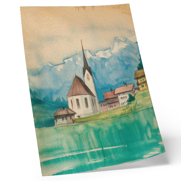 Décoration murale Église dans les montagnes, aquarelle, paix et nature
