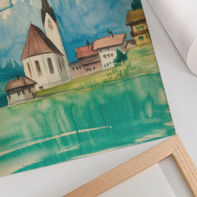 Décoration murale Église dans les montagnes, aquarelle, paix et nature
