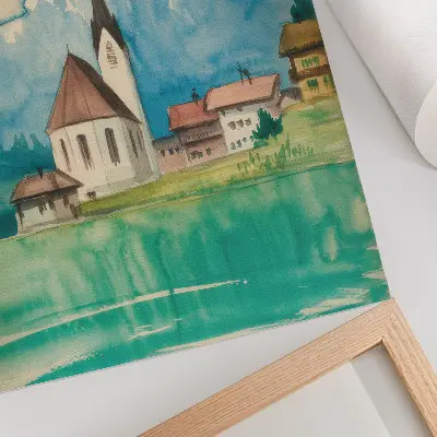Décoration murale église dans les montagnes style aquarelle sur le thème de la paix et de la nature