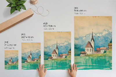 Décoration murale Église dans les montagnes, aquarelle, paix et nature