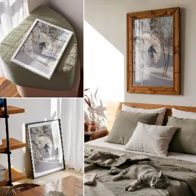 Affiche décorative skieur en forêt en hiver avec dynamique de la neige