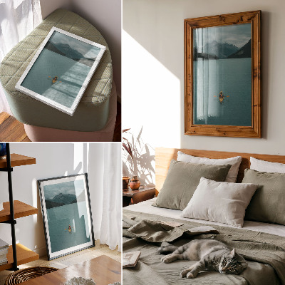 Impression sur toile Lac turquoise, kayakistes, montagnes, harmonie paisible