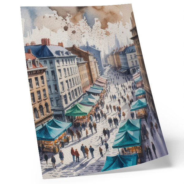Impression sur toile Scène urbaine colorée, gens, étals, aquarelle