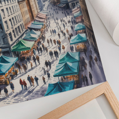 Impression sur toile Scène urbaine colorée, gens, étals, aquarelle