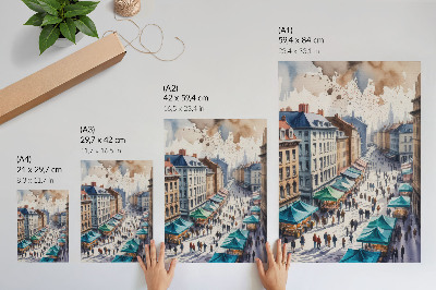 Impression sur toile Scène urbaine colorée, gens, étals, aquarelle