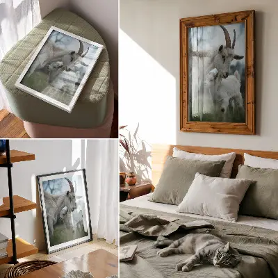 Impression sur toile représentant des chèvres dans un paysage naturel paisible et harmonieux