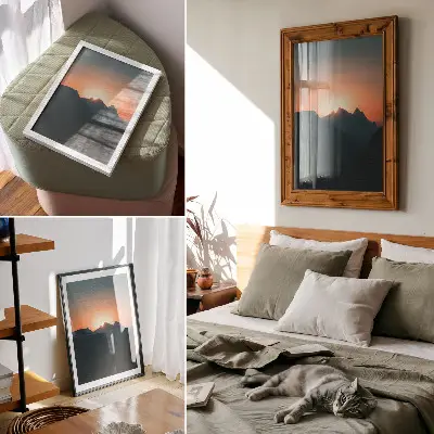 Affiche décorative montagnes au coucher de soleil, symbole de magie et de paix