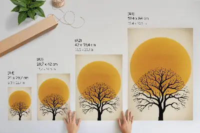 Impression sur toile représentant un arbre se détachant sur un grand cercle aux teintes chaudes