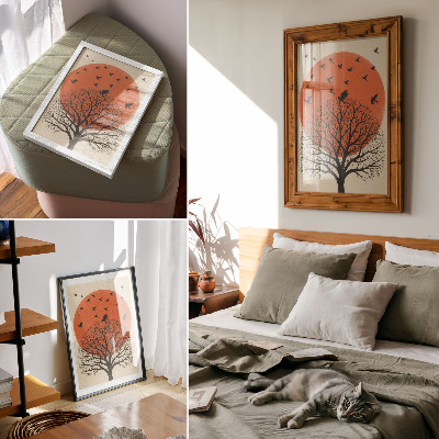 Décoration murale motif d'oiseaux, d'arbre et de soleil style minimaliste
