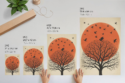 Décoration murale motif d'oiseaux, d'arbre et de soleil style minimaliste