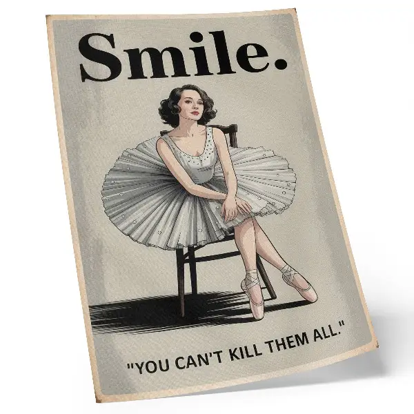 Affiche décorative représentant une ballerine en robe de tulle avec inscription noire nostalgie