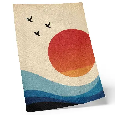 Décoration murale abstraction grand soleil avec vagues bleues et oiseaux