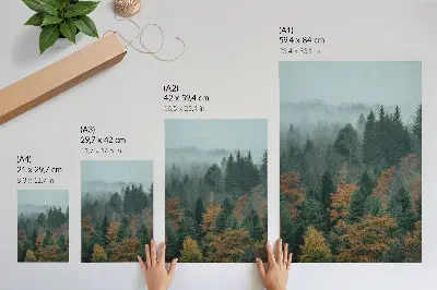 Décoration murale arbres verts dans la brume avec des feuilles orangées évoquant la paix