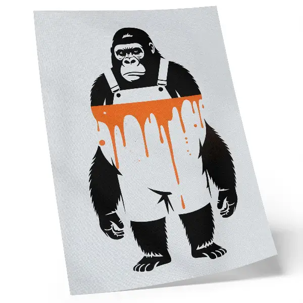 Affiche décorative représentant un gorille en salopette sur un fond orange vif