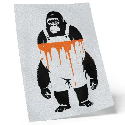 Affiche décorative représentant un gorille en salopette sur un fond orange vif